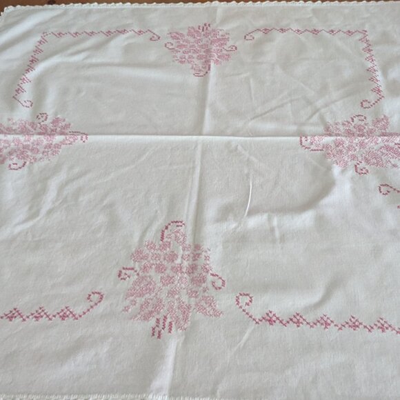Vintage White Tablecloth with Pink Floral Cross-Stitch Flowers - Picture 3 of 5